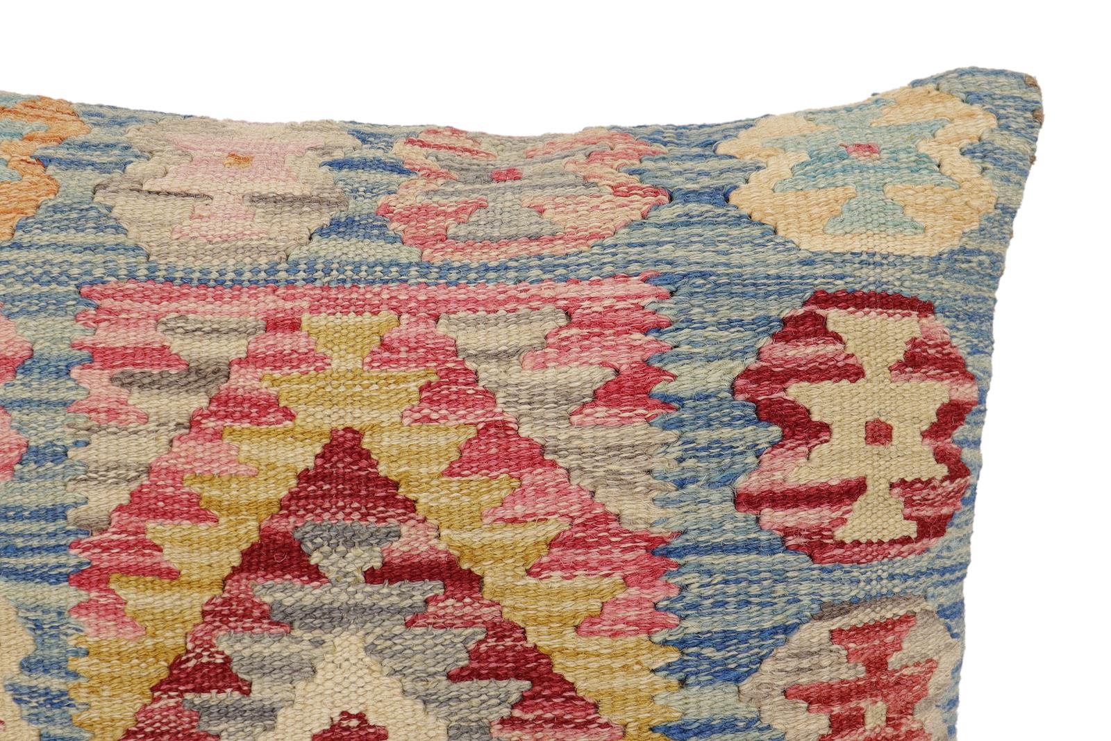 handmade Traditional Pillow Blue Gold Hand-Woven SQUARE 100% WOOL Hand woven turkish pillow2' x 2'