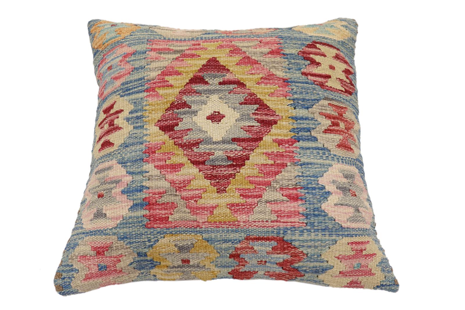 handmade Traditional Pillow Blue Gold Hand-Woven SQUARE 100% WOOL Hand woven turkish pillow2' x 2'