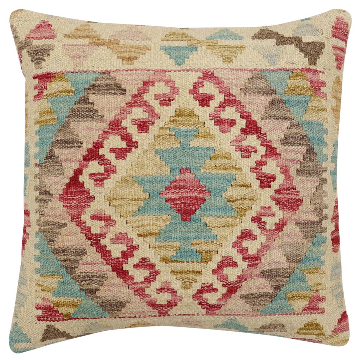handmade Traditional Pillow Beige Blue Hand-Woven SQUARE 100% WOOL  Hand woven turkish pillow  2 x 2