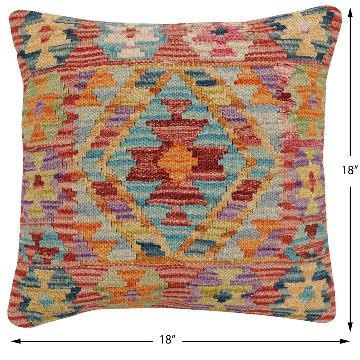 handmade Traditional Pillow Rust Blue Hand-Woven SQUARE 100% WOOL Hand woven turkish pillow2' x 2'