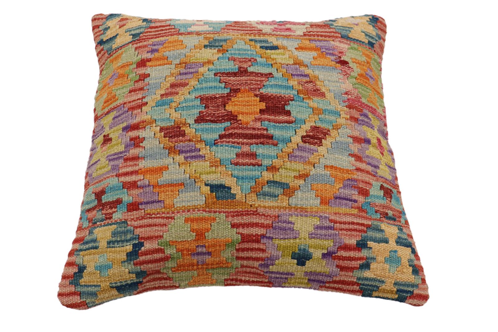 handmade Traditional Pillow Rust Blue Hand-Woven SQUARE 100% WOOL Hand woven turkish pillow2' x 2'