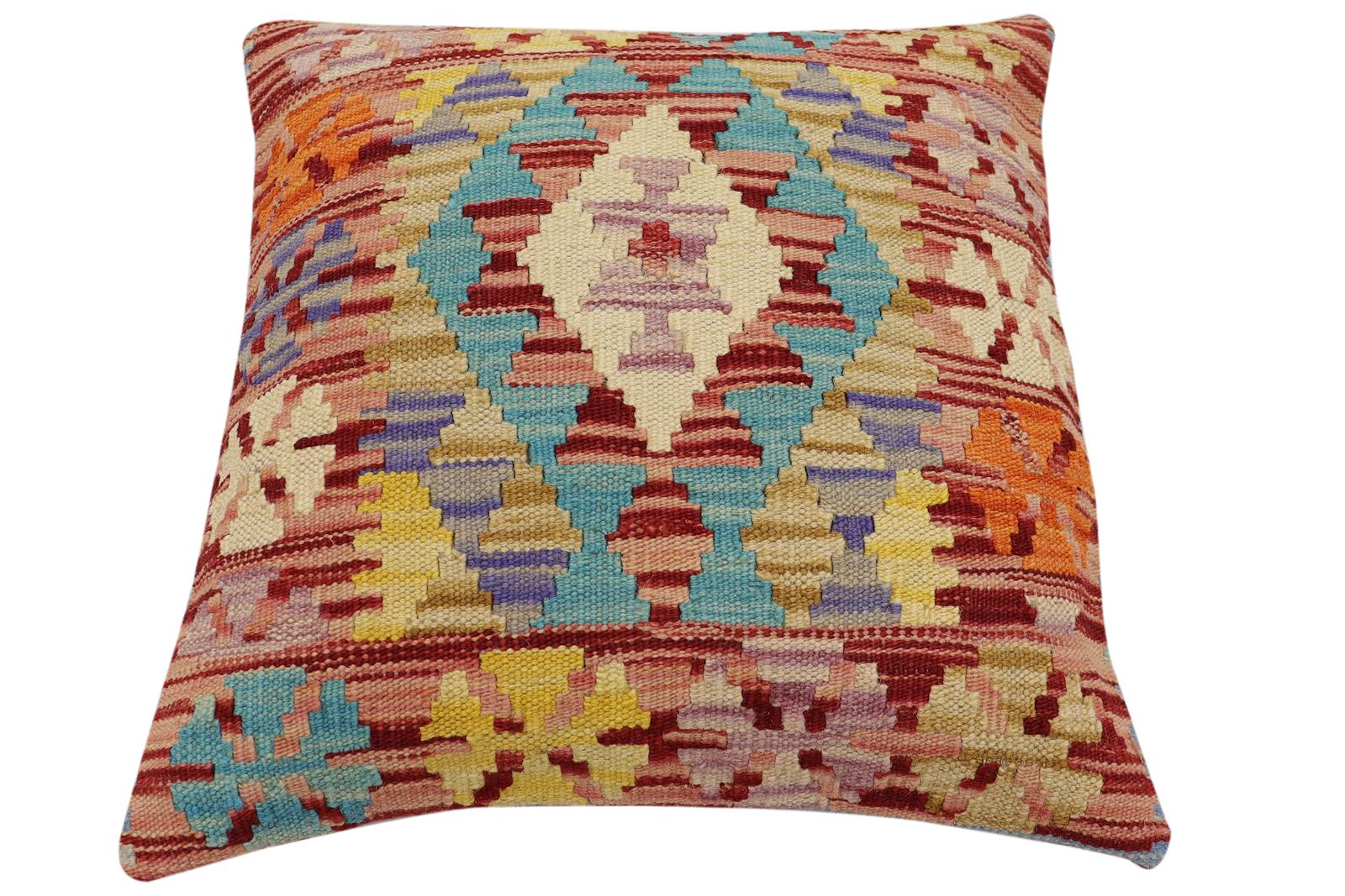 handmade Traditional Pillow Rust Blue Hand-Woven SQUARE 100% WOOL Hand woven turkish pillow2' x 2'