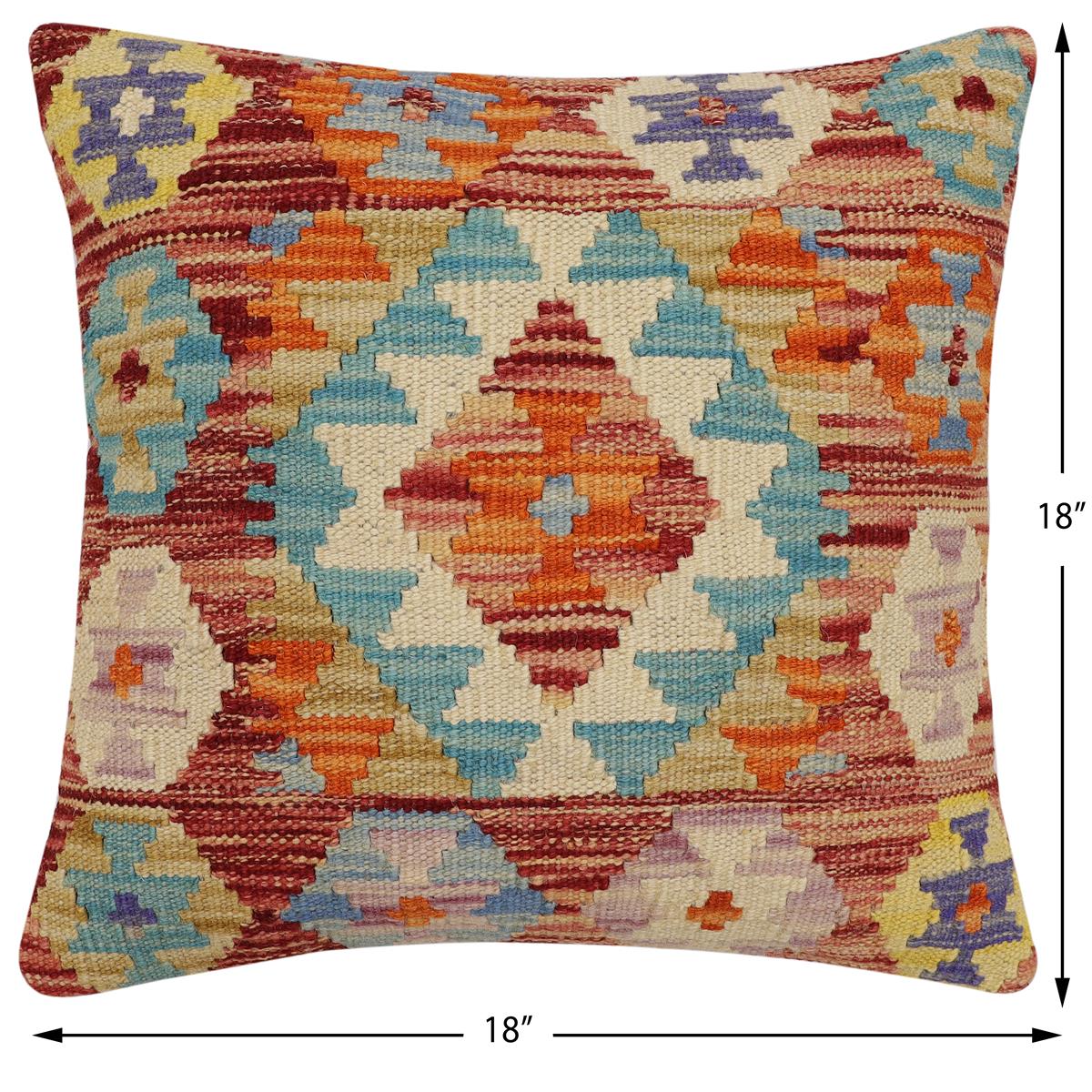 handmade Traditional Pillow Rust Blue Hand-Woven SQUARE 100% WOOL Hand woven turkish pillow2' x 2'