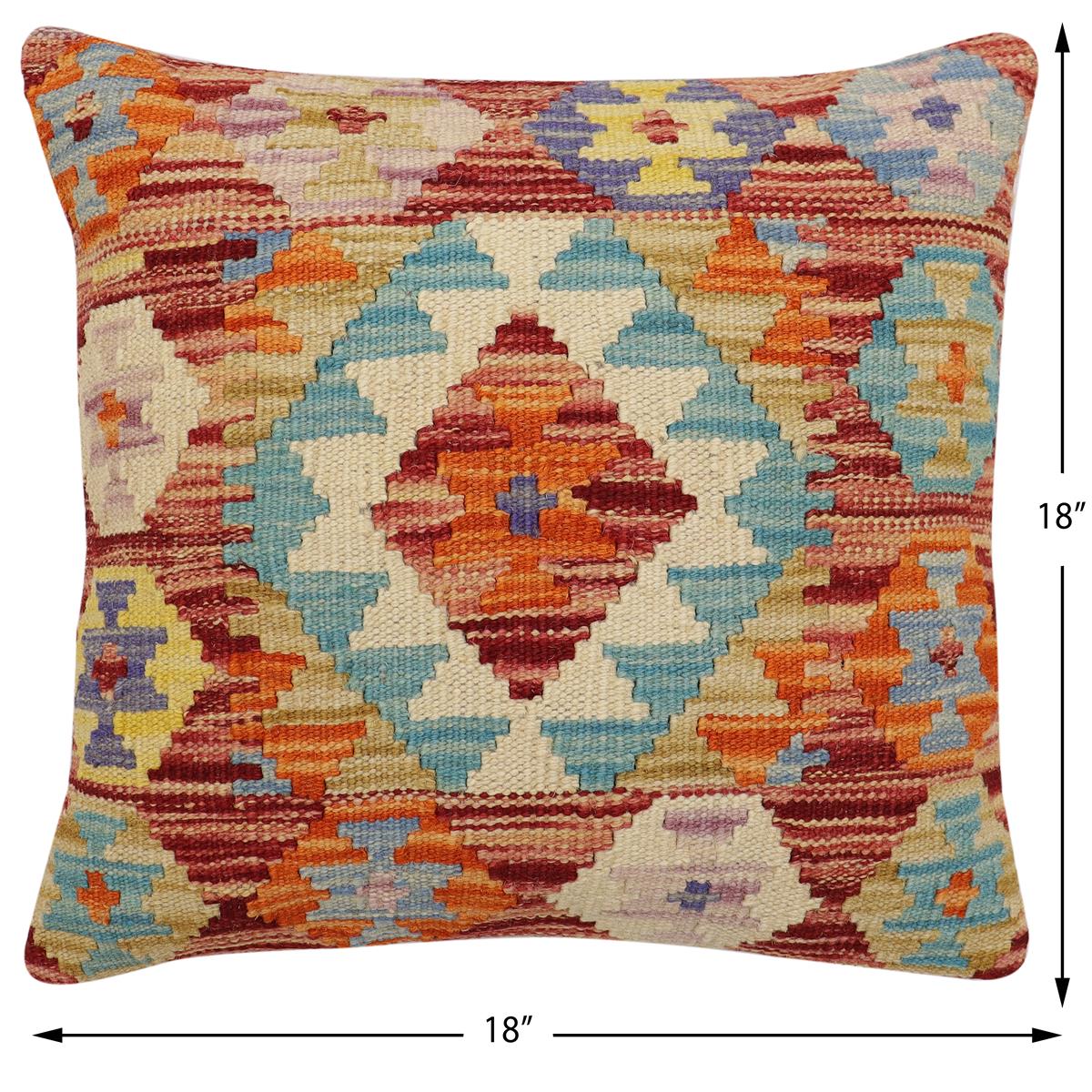 handmade Traditional Pillow Rust Blue Hand-Woven SQUARE 100% WOOL Hand woven turkish pillow2' x 2'