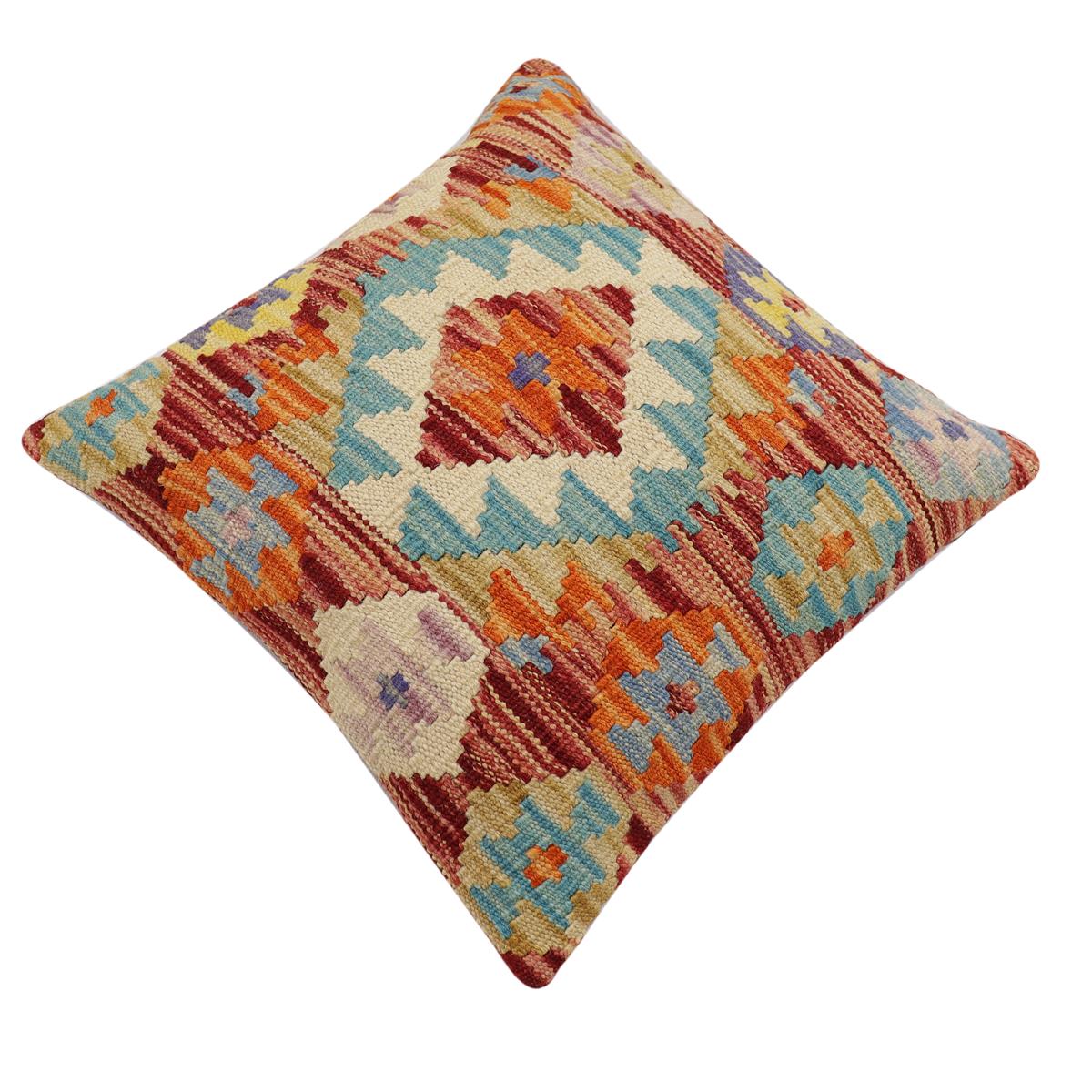 handmade Traditional Pillow Rust Blue Hand-Woven SQUARE 100% WOOL Hand woven turkish pillow2' x 2'