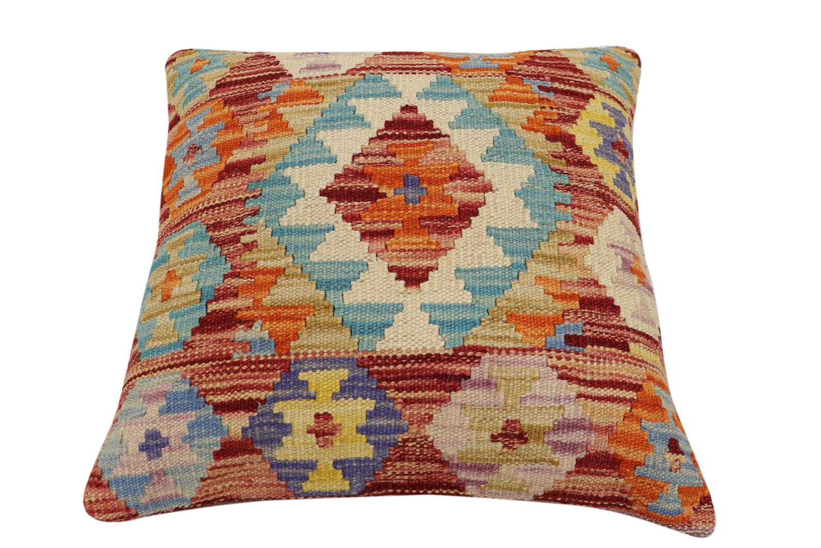 handmade Traditional Pillow Rust Blue Hand-Woven SQUARE 100% WOOL Hand woven turkish pillow2' x 2'