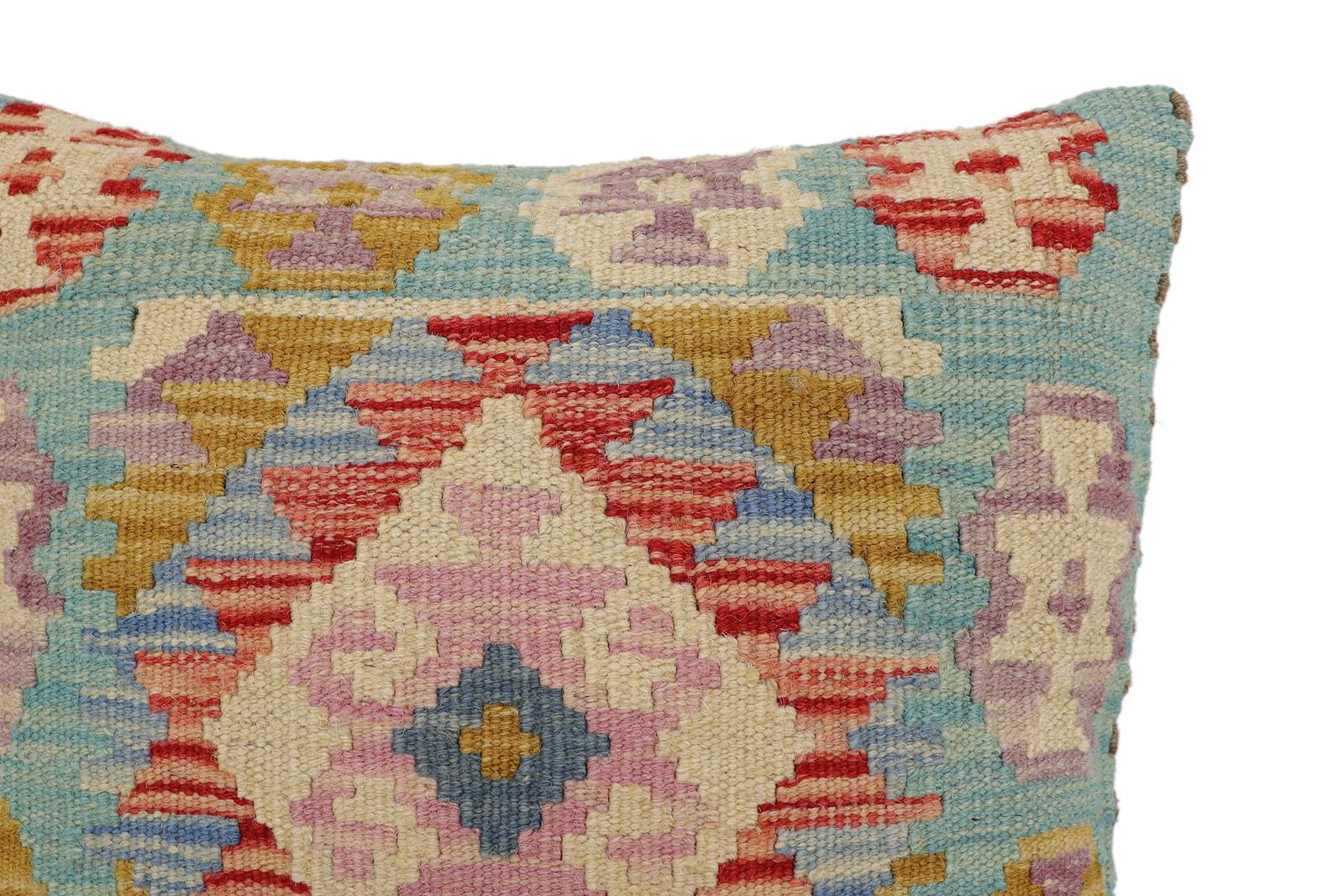 handmade Traditional Pillow Blue Beige Hand-Woven SQUARE 100% WOOL Hand woven turkish pillow2' x 2'