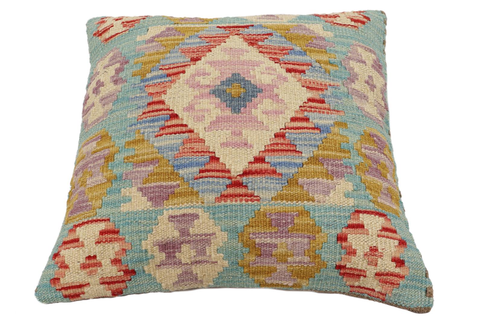 handmade Traditional Pillow Blue Beige Hand-Woven SQUARE 100% WOOL Hand woven turkish pillow2' x 2'