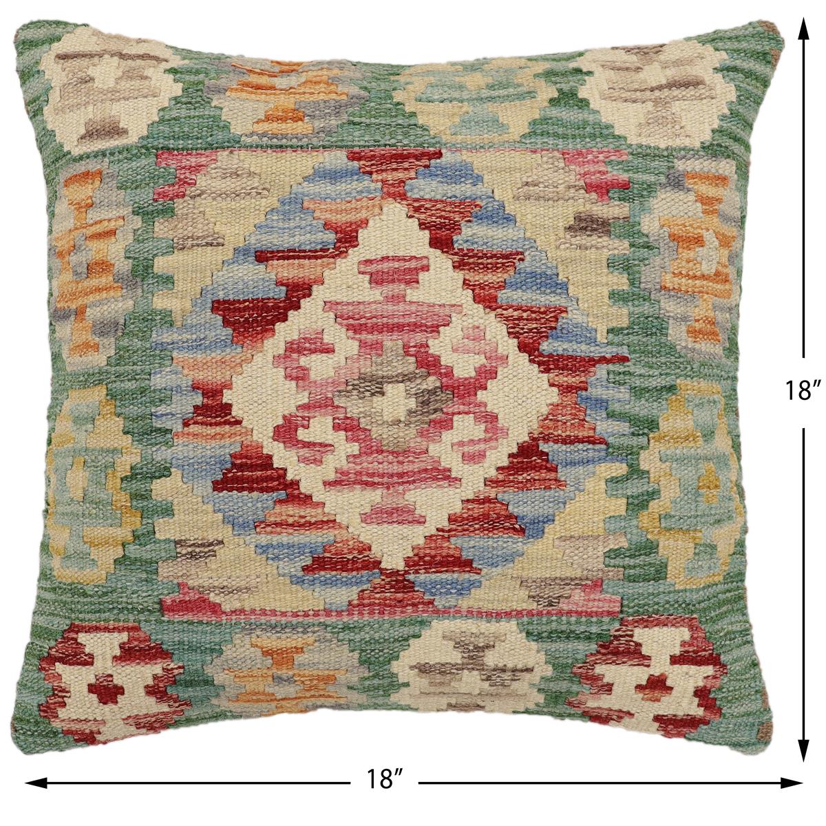 handmade Traditional Pillow Green Rust Hand-Woven SQUARE 100% WOOL Hand woven turkish pillow2' x 2'