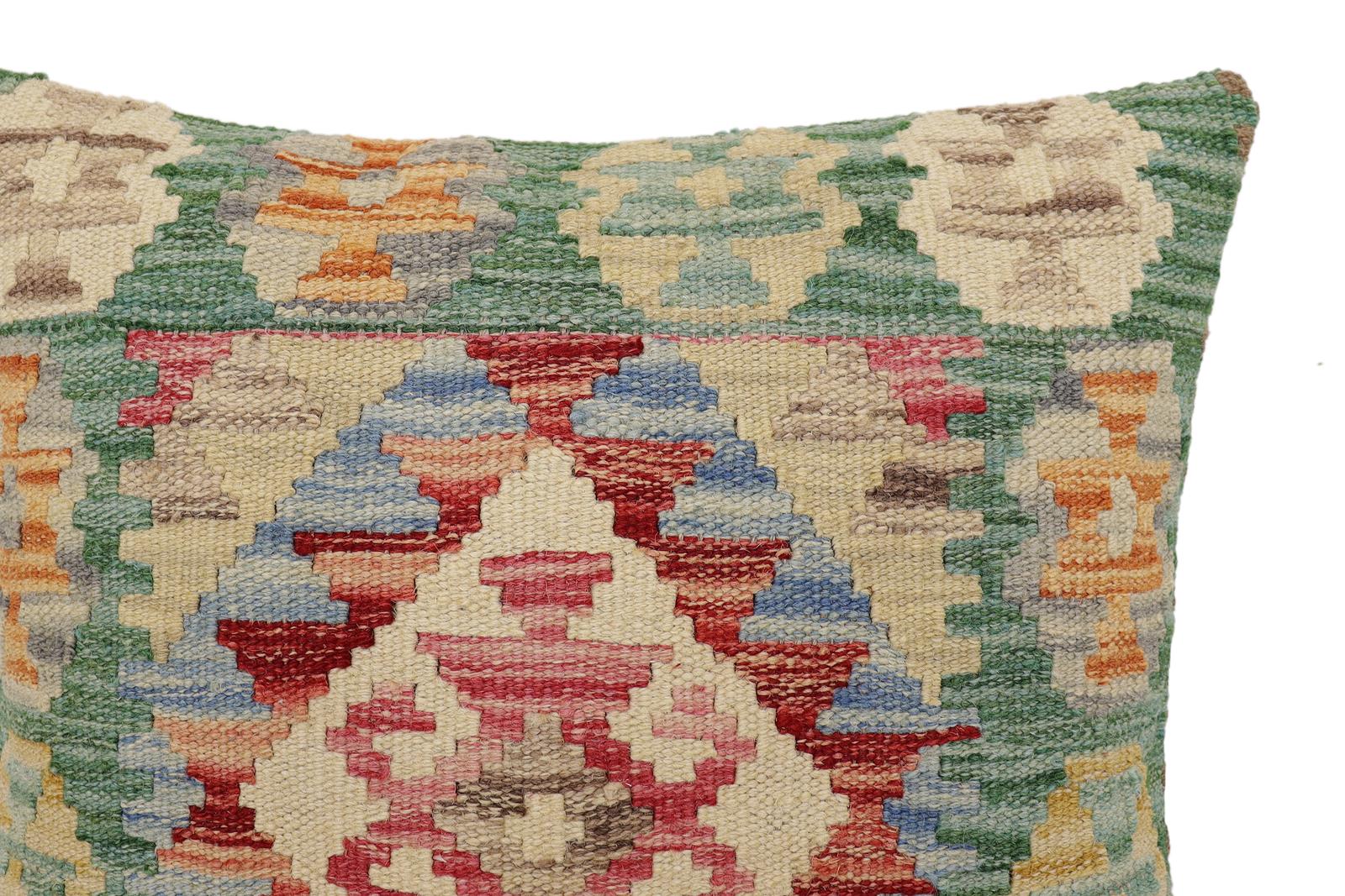 handmade Traditional Pillow Green Rust Hand-Woven SQUARE 100% WOOL Hand woven turkish pillow2' x 2'
