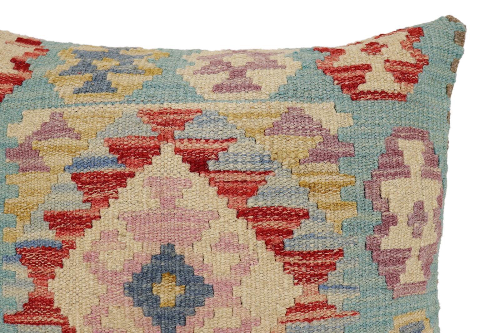 handmade Traditional Pillow Blue Beige Hand-Woven SQUARE 100% WOOL Hand woven turkish pillow2' x 2'