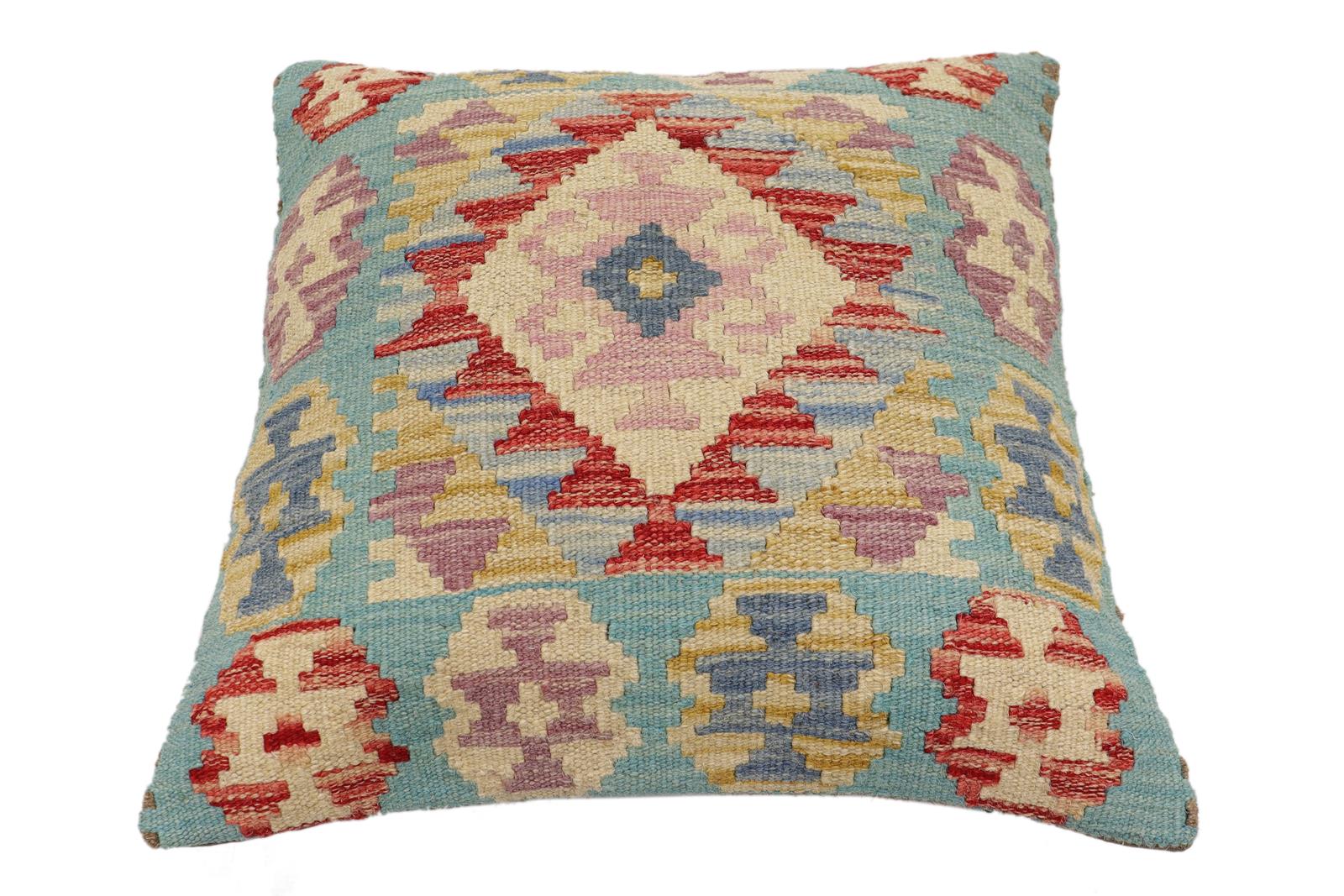 handmade Traditional Pillow Blue Beige Hand-Woven SQUARE 100% WOOL Hand woven turkish pillow2' x 2'