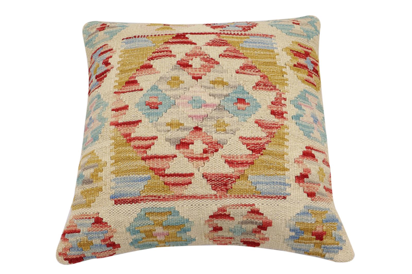 handmade Traditional Pillow Beige Red Hand-Woven SQUARE 100% WOOL Hand woven turkish pillow2' x 2'