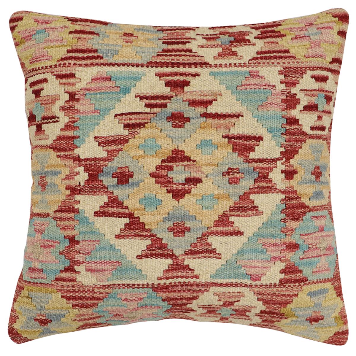 handmade Traditional Pillow Rust Blue Hand-Woven SQUARE 100% WOOL  Hand woven turkish pillow  2 x 2