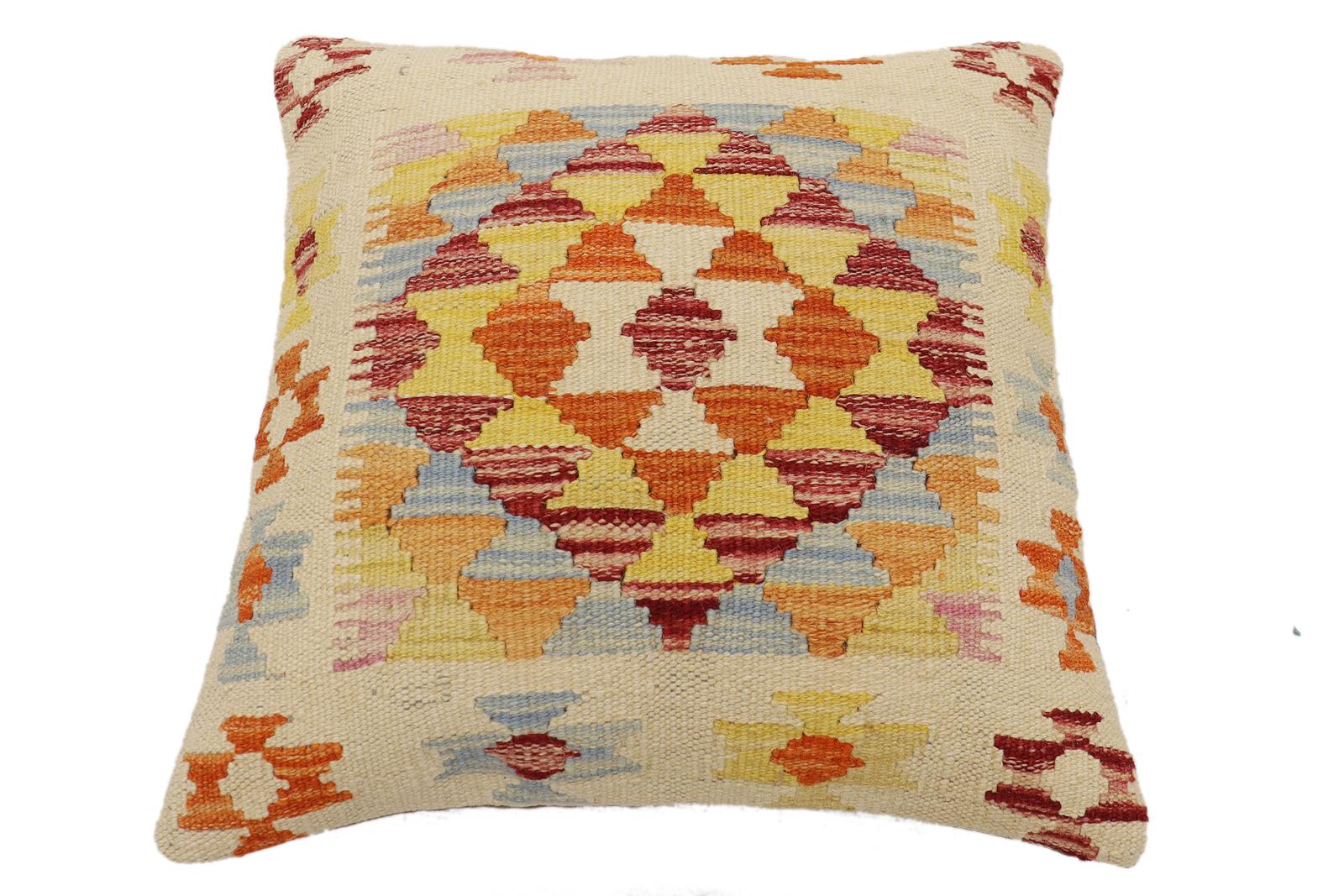 handmade Traditional Pillow Beige Rust Hand-Woven SQUARE 100% WOOL Hand woven turkish pillow2' x 2'