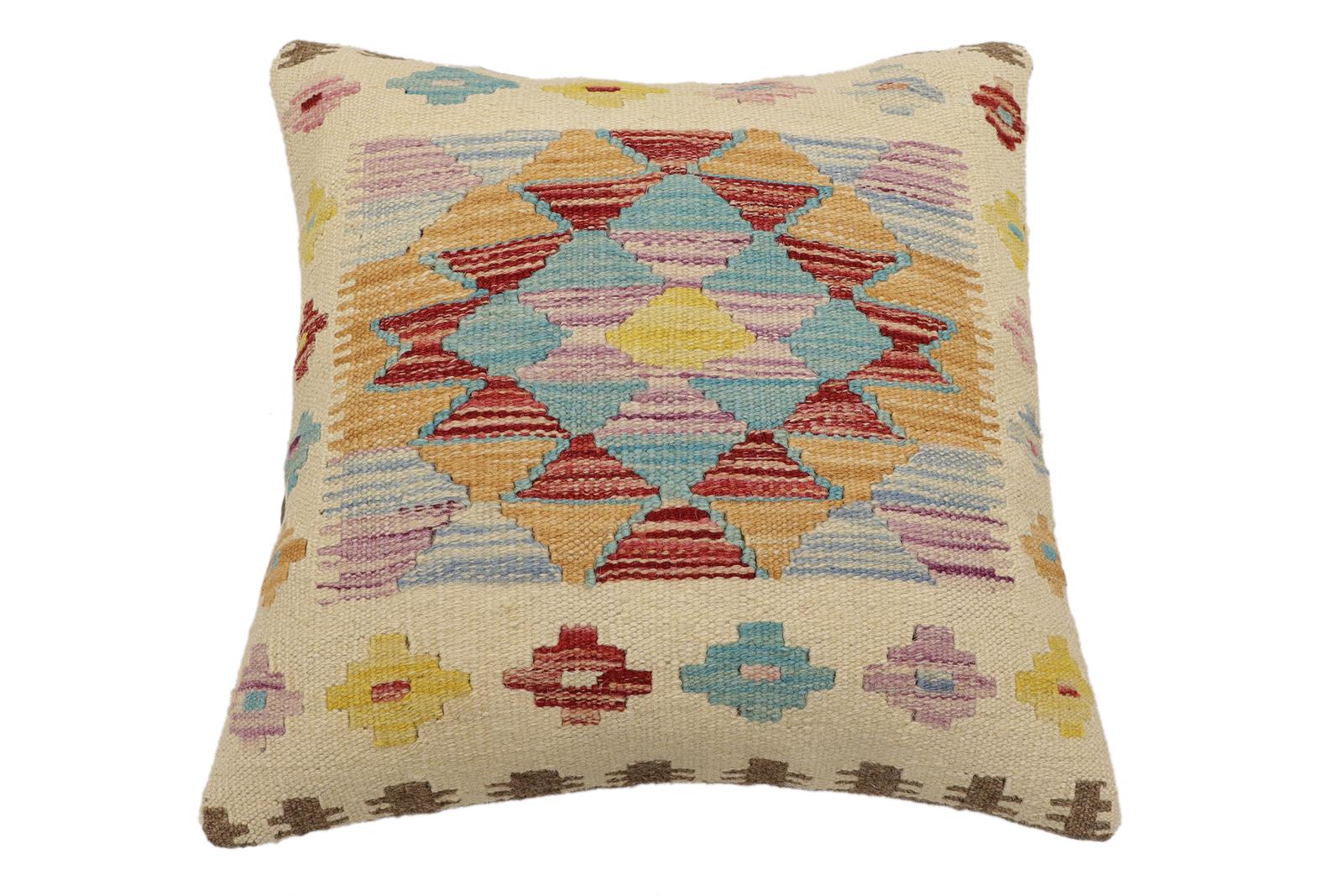 handmade Traditional Pillow Beige Red Hand-Woven SQUARE 100% WOOL Hand woven turkish pillow2' x 2'