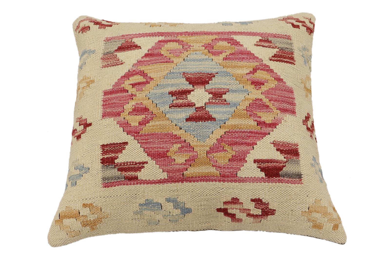 handmade Traditional Pillow Beige Red Hand-Woven SQUARE 100% WOOL  Hand woven turkish pillow  2 x 2