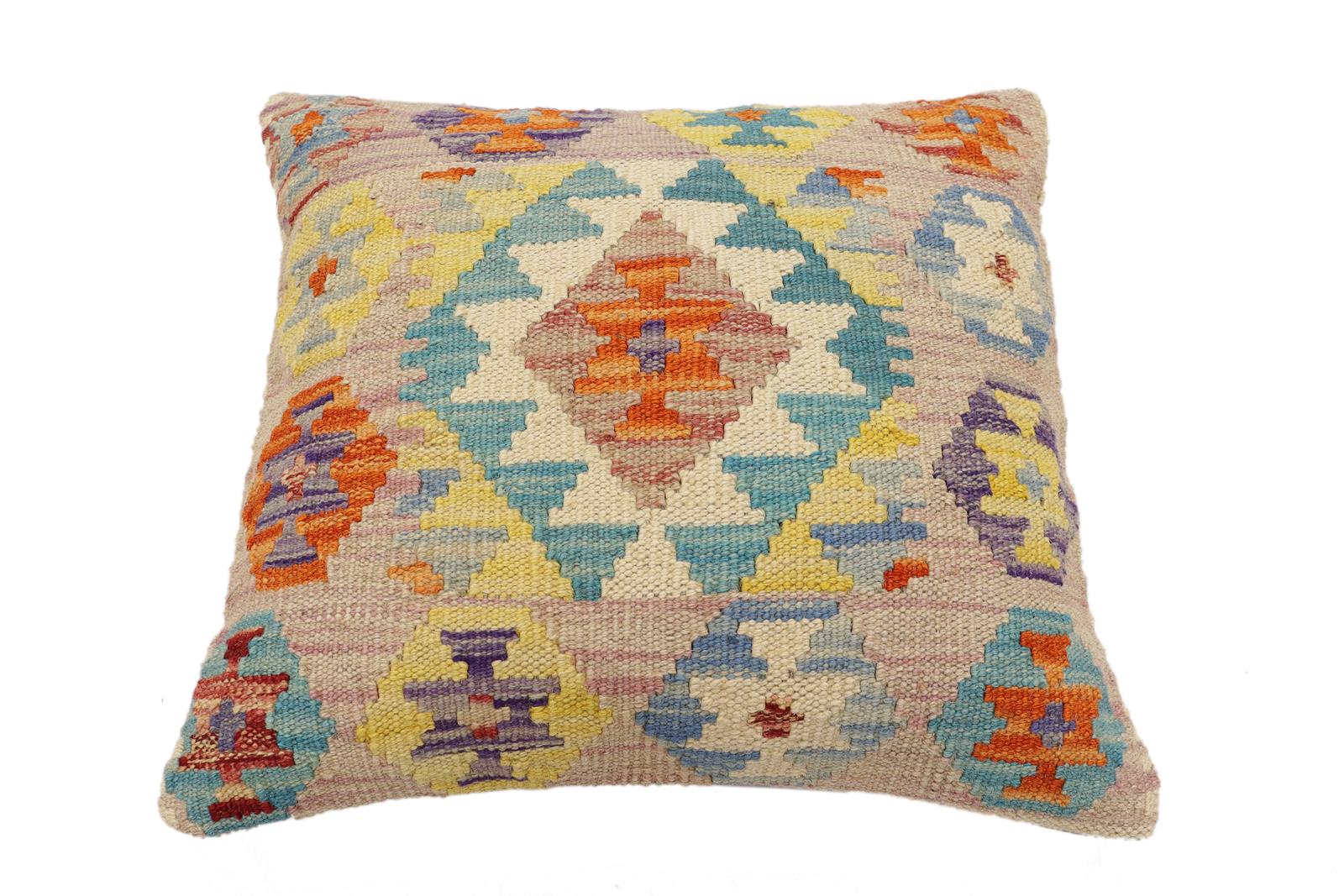 handmade Traditional Pillow Rust Blue Hand-Woven SQUARE 100% WOOL  Hand woven turkish pillow  2 x 2