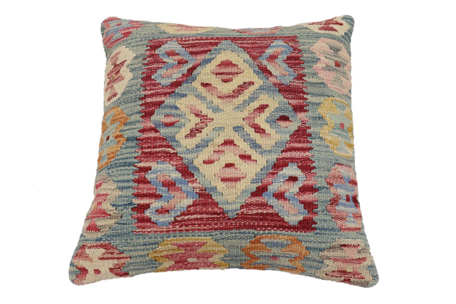 handmade Traditional Pillow Red Blue Hand-Woven SQUARE 100% WOOL Hand woven turkish pillow2' x 2'