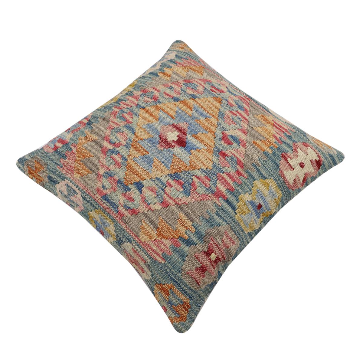 handmade Traditional Pillow Blue Red Hand-Woven SQUARE 100% WOOL Hand woven turkish pillow2' x 2'