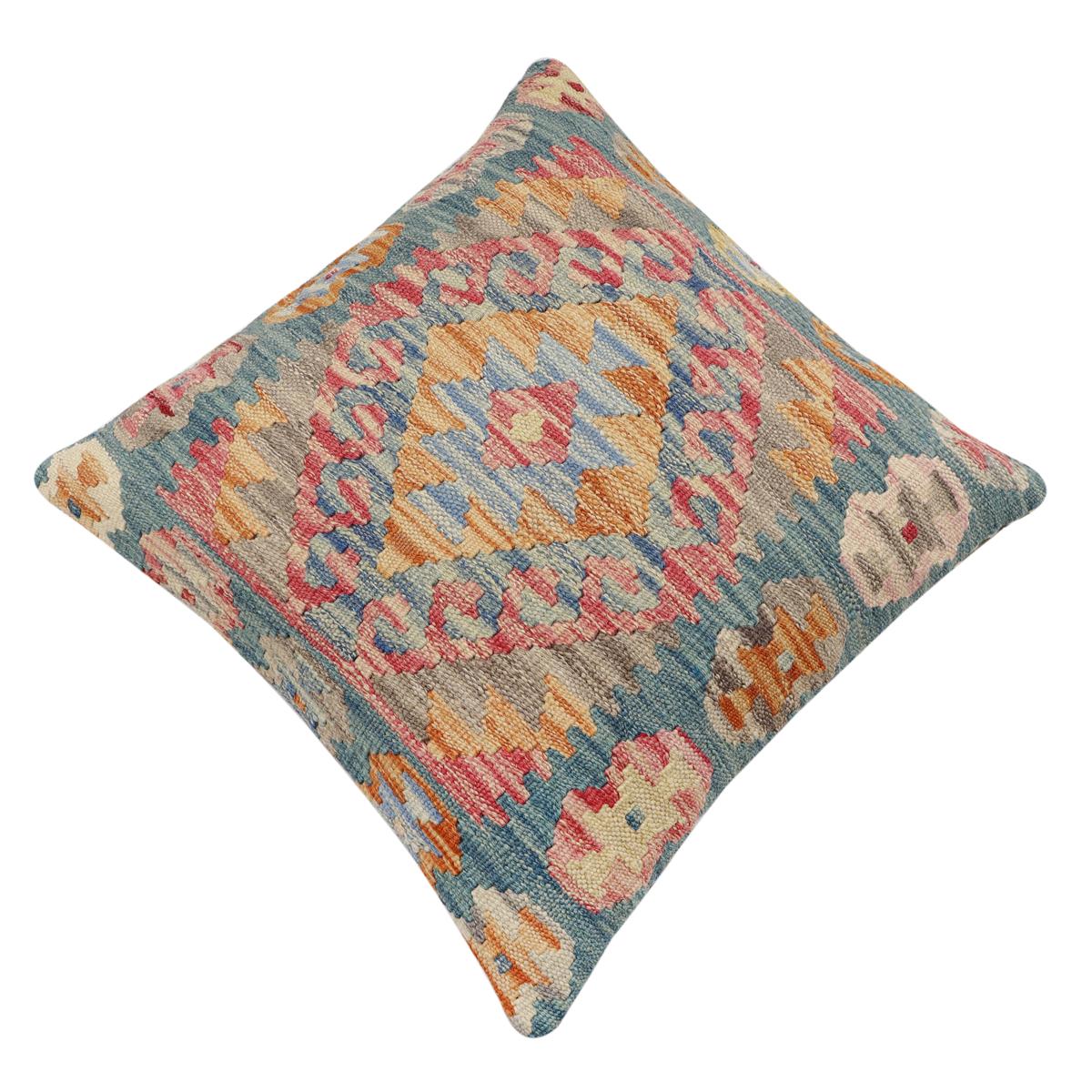 handmade Traditional Pillow Blue Red Hand-Woven SQUARE 100% WOOL Hand woven turkish pillow2' x 2'