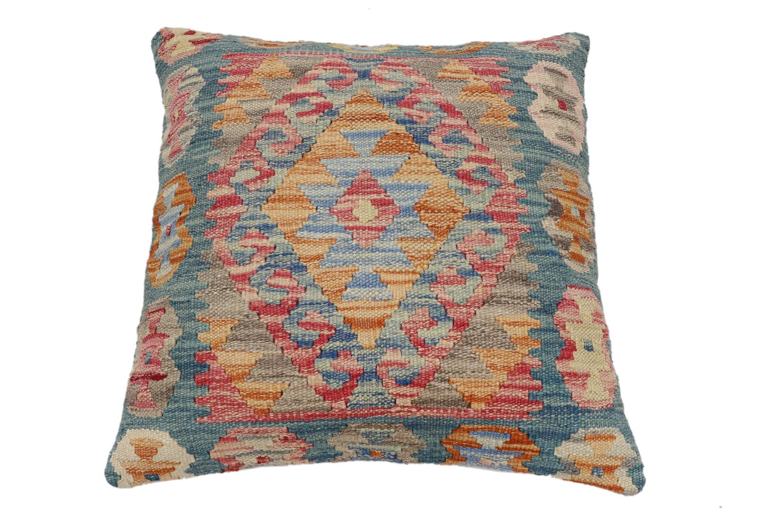 handmade Traditional Pillow Blue Red Hand-Woven SQUARE 100% WOOL Hand woven turkish pillow2' x 2'