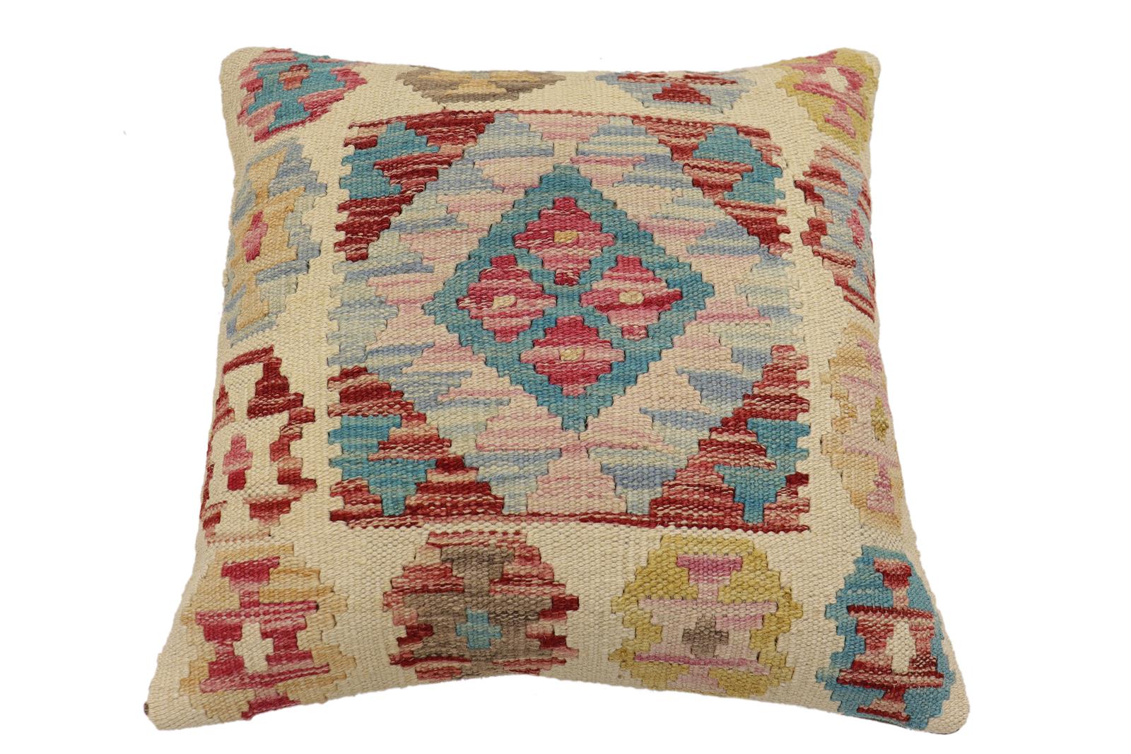 handmade Traditional Pillow Beige Red Hand-Woven SQUARE 100% WOOL Hand woven turkish pillow2' x 2'