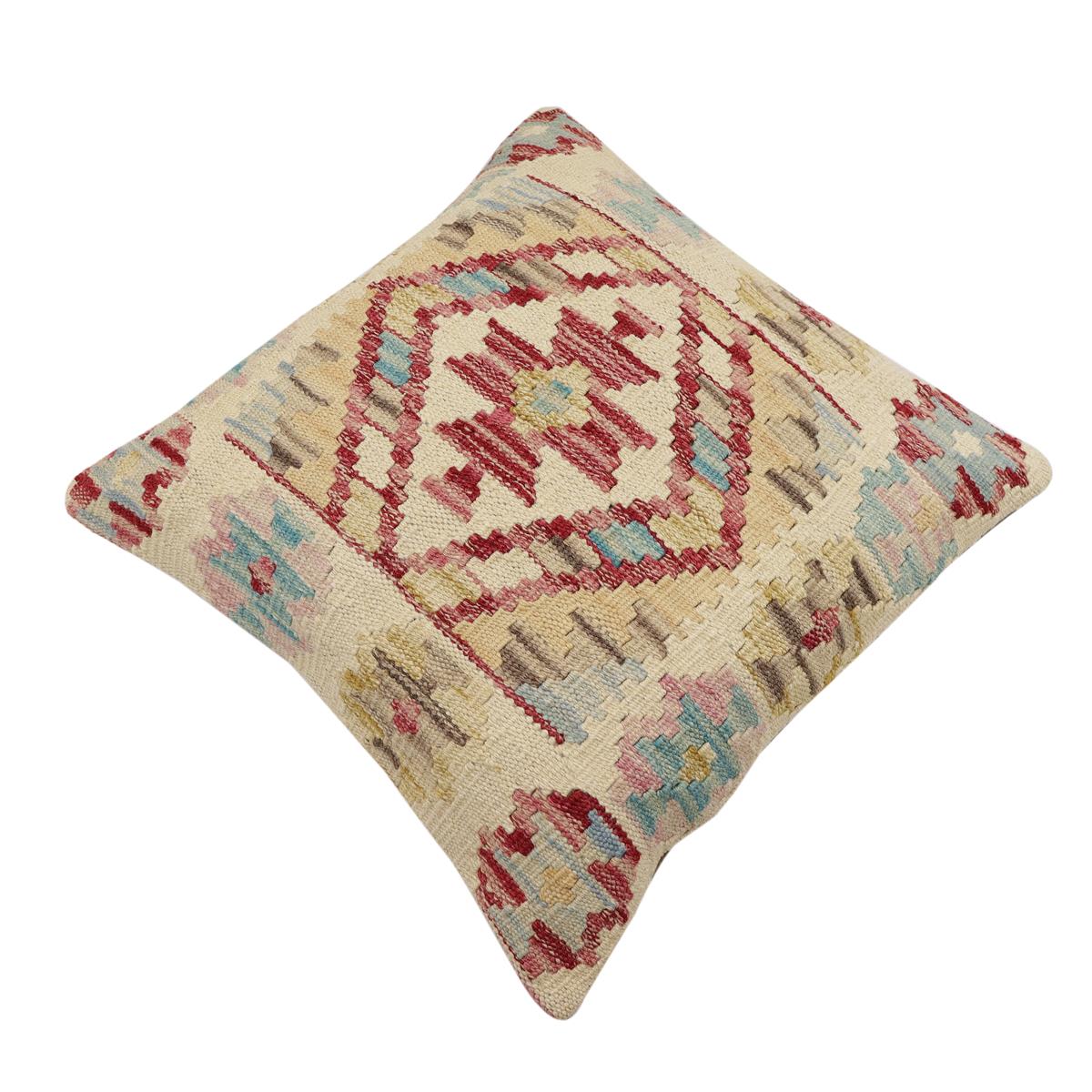 handmade Traditional Pillow Beige Red Hand-Woven SQUARE 100% WOOL Hand woven turkish pillow2' x 2'