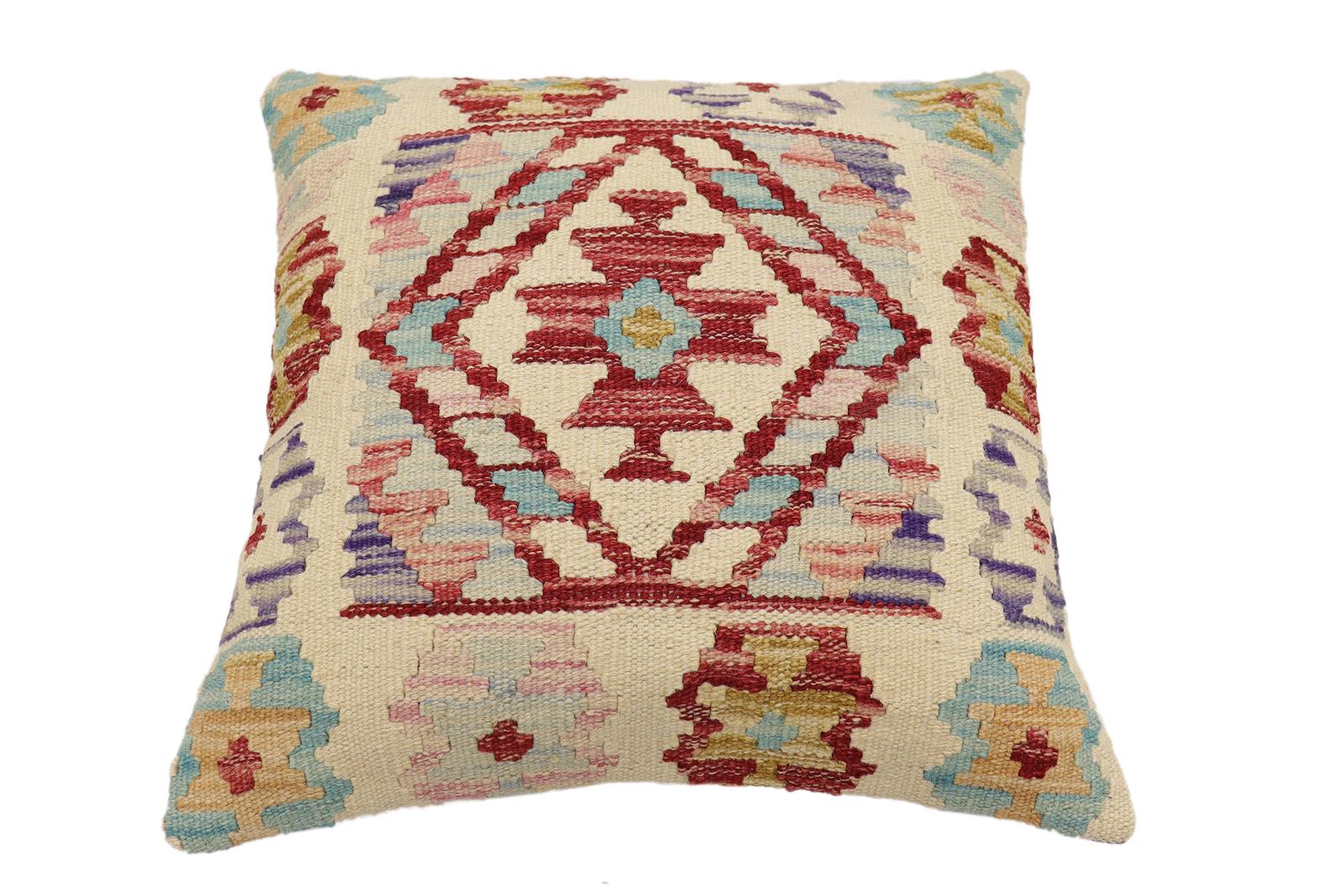 handmade Traditional Pillow Beige Red Hand-Woven SQUARE 100% WOOL Hand woven turkish pillow2' x 2'
