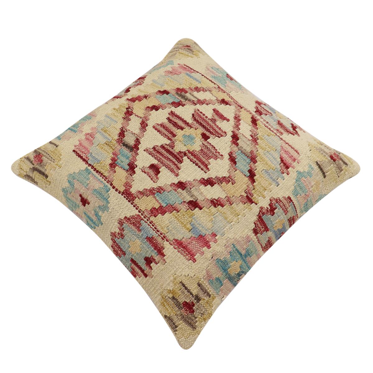 handmade Traditional Pillow Beige Red Hand-Woven SQUARE 100% WOOL Hand woven turkish pillow2' x 2'