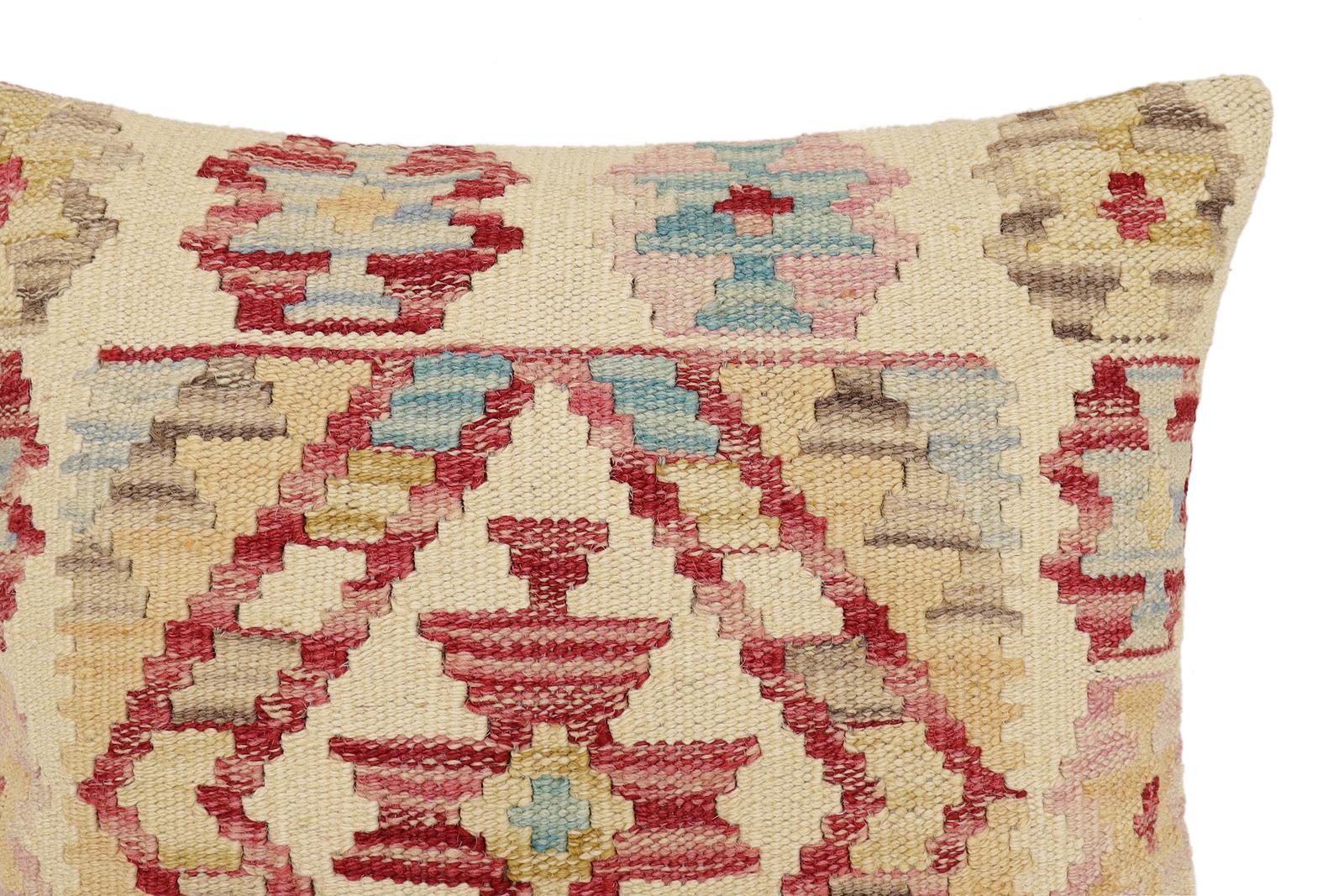 handmade Traditional Pillow Beige Red Hand-Woven SQUARE 100% WOOL Hand woven turkish pillow2' x 2'