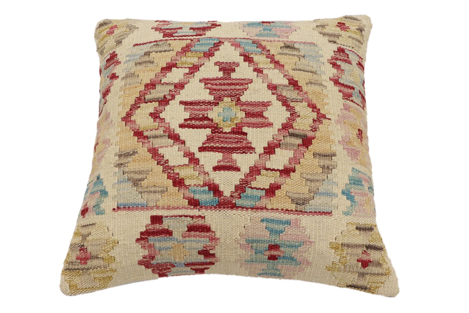 handmade Traditional Pillow Beige Red Hand-Woven SQUARE 100% WOOL Hand woven turkish pillow2' x 2'
