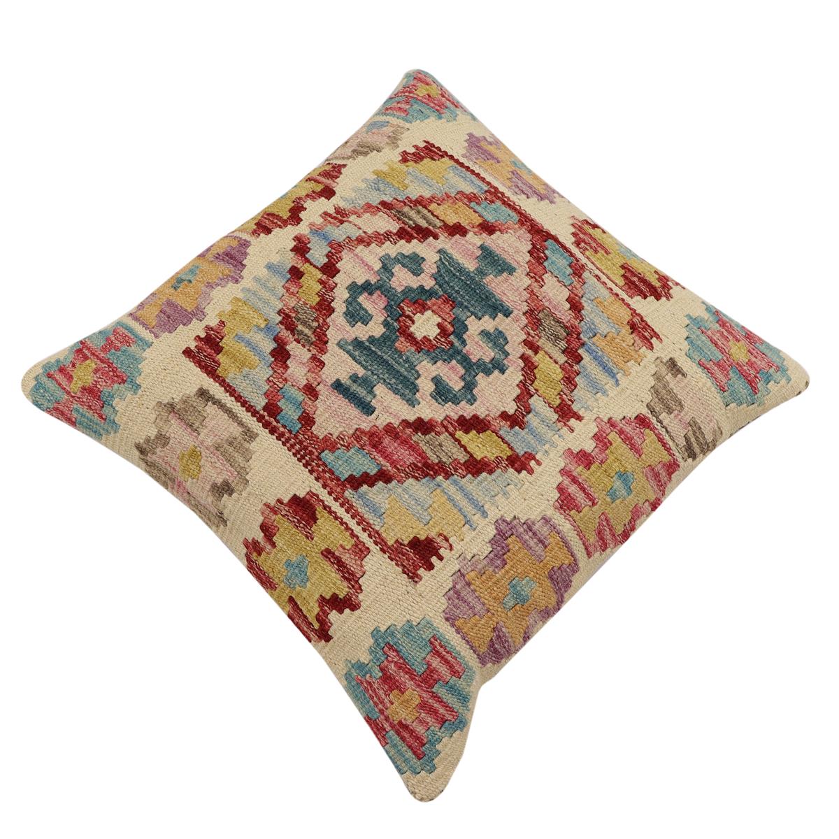 handmade Traditional Pillow Beige Red Hand-Woven SQUARE 100% WOOL Hand woven turkish pillow2' x 2'