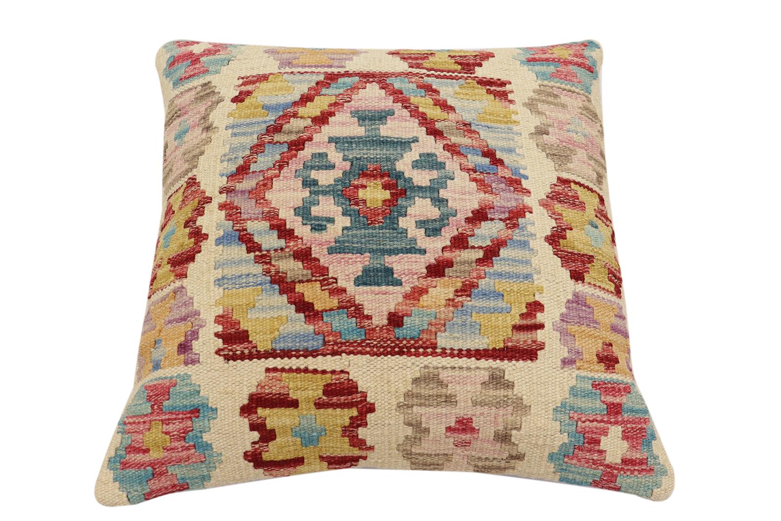 handmade Traditional Pillow Beige Red Hand-Woven SQUARE 100% WOOL Hand woven turkish pillow2' x 2'