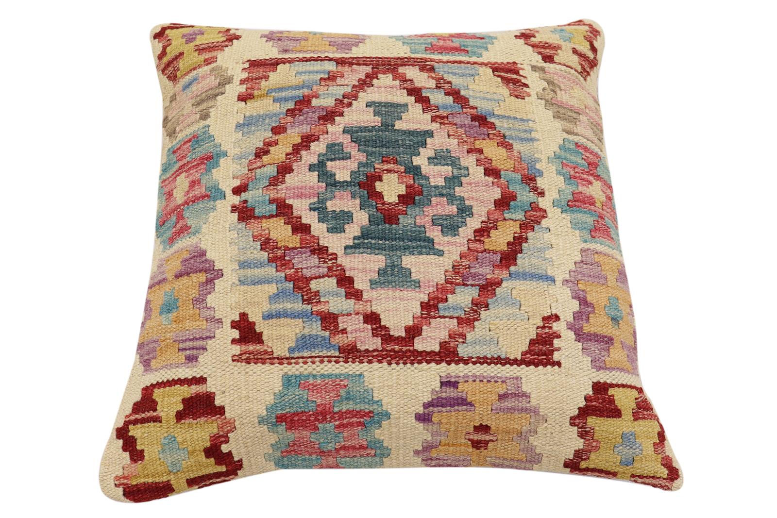 handmade Traditional Pillow Beige Red Hand-Woven SQUARE 100% WOOL Hand woven turkish pillow2' x 2'
