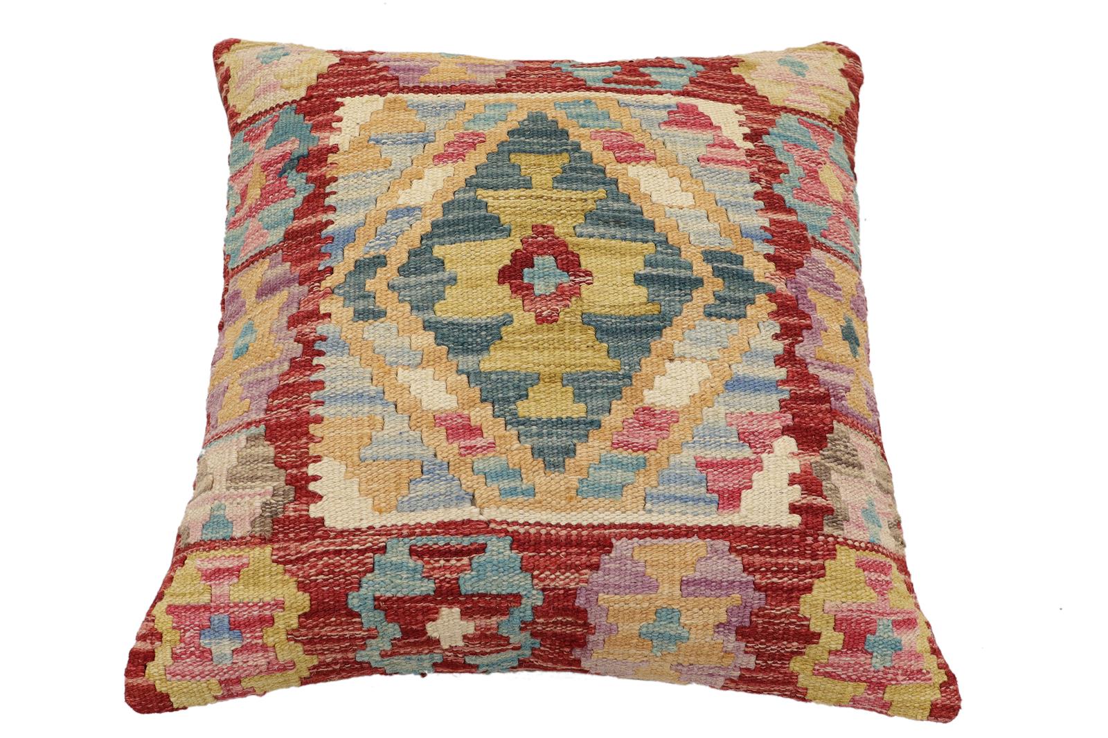 handmade Traditional Pillow Red Blue Hand-Woven SQUARE 100% WOOL Hand woven turkish pillow2' x 2'