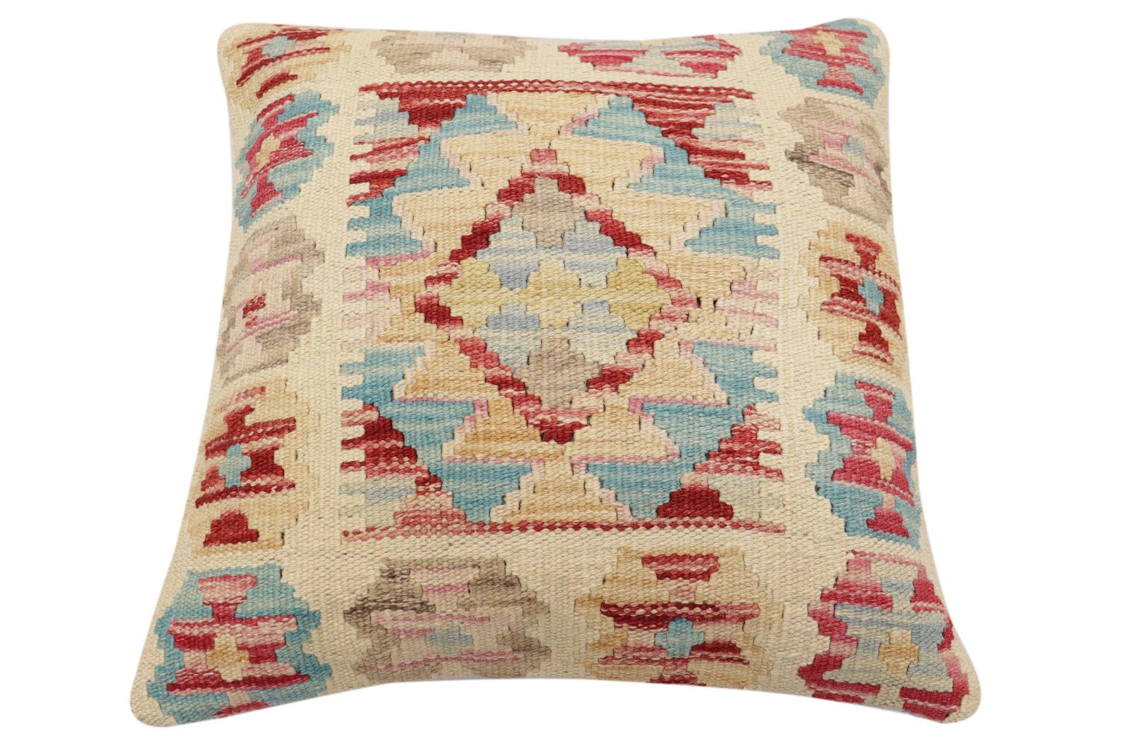 handmade Traditional Pillow Beige Red Hand-Woven SQUARE 100% WOOL Hand woven turkish pillow2' x 2'