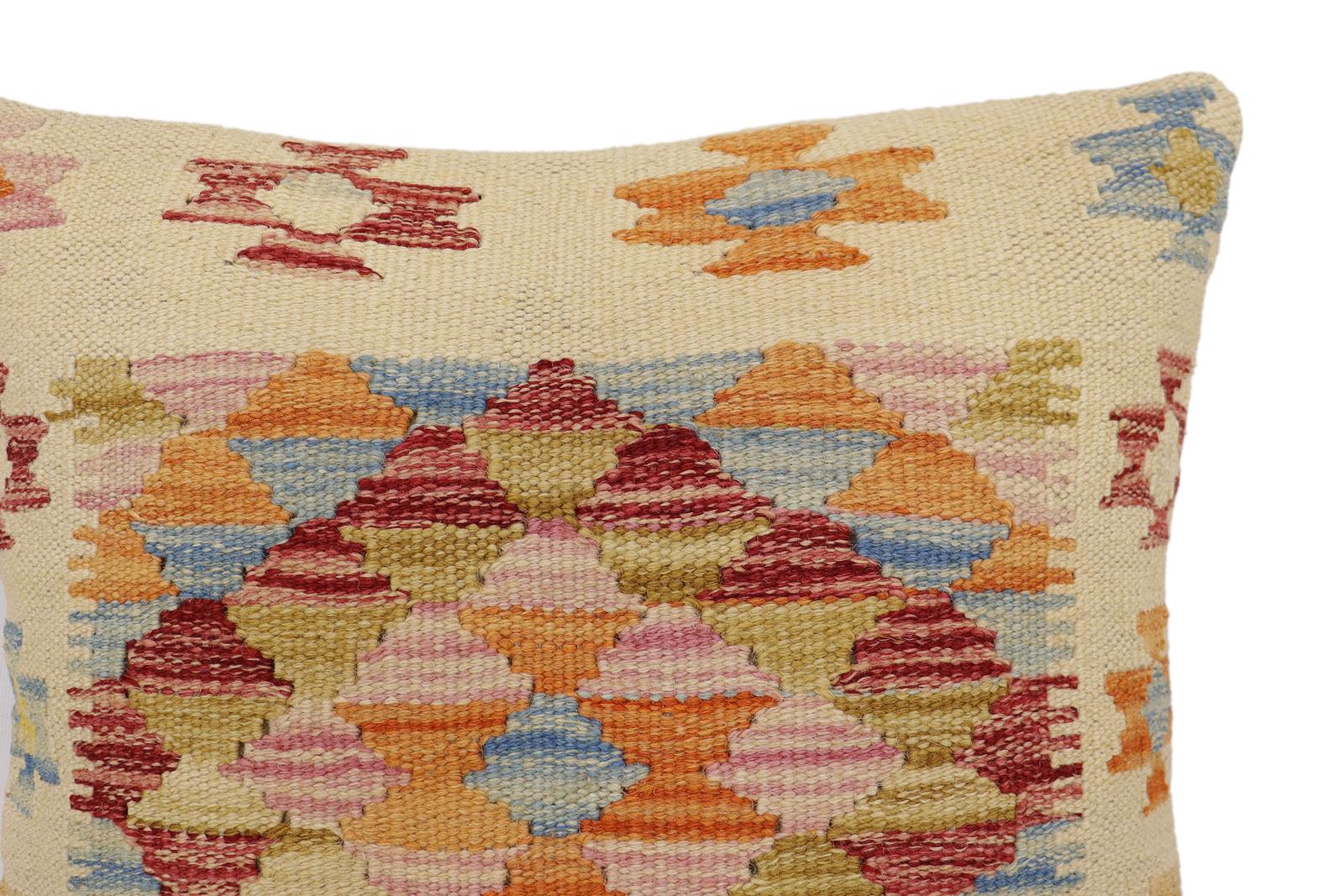 handmade Traditional Pillow Beige Rust Hand-Woven SQUARE 100% WOOL Hand woven turkish pillow2' x 2'