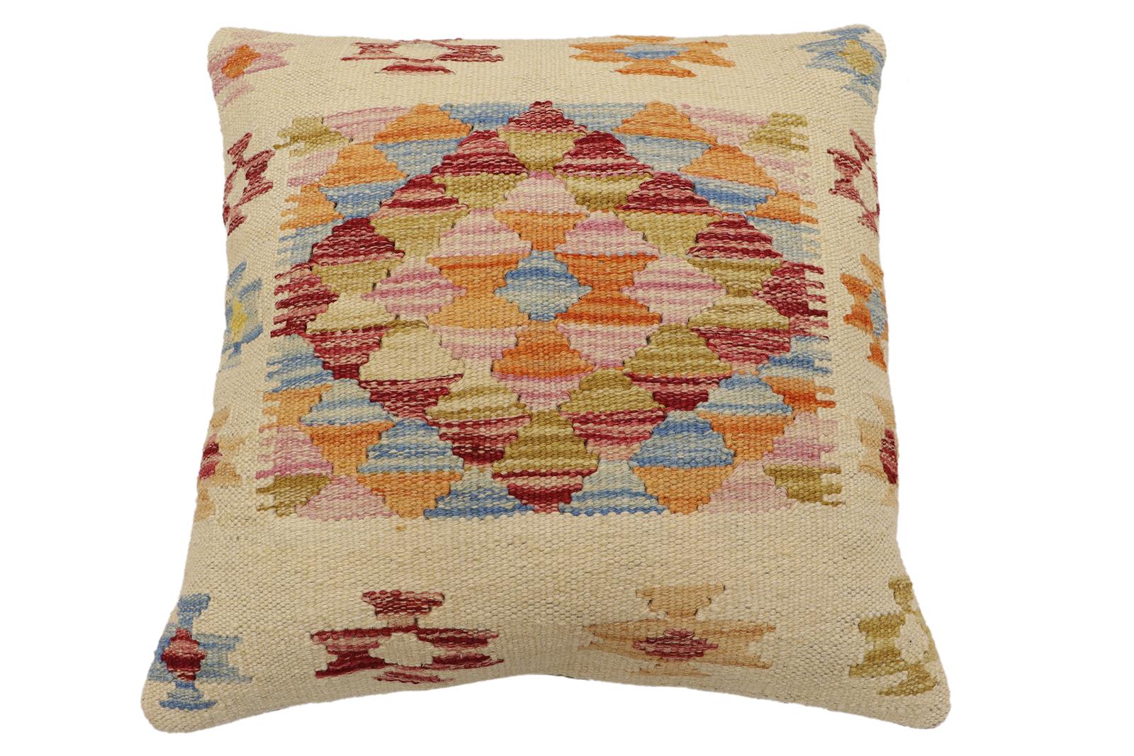 handmade Traditional Pillow Beige Rust Hand-Woven SQUARE 100% WOOL Hand woven turkish pillow2' x 2'