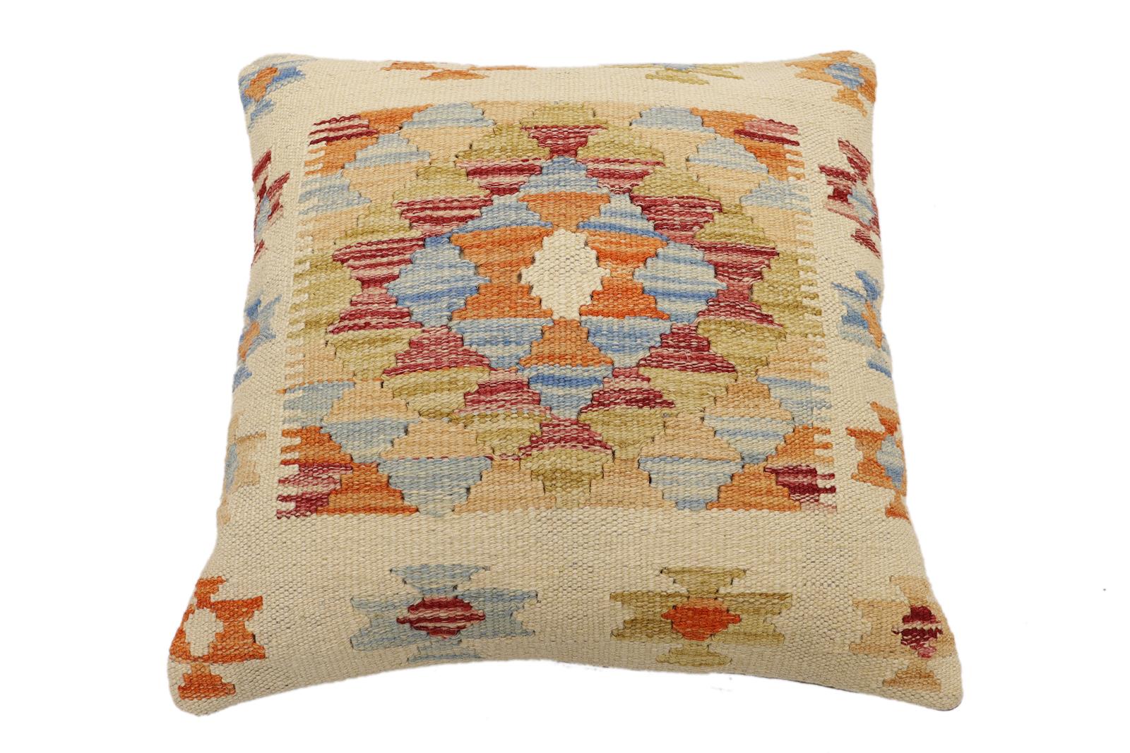 handmade Traditional Pillow Beige Rust Hand-Woven SQUARE 100% WOOL Hand woven turkish pillow2' x 2'
