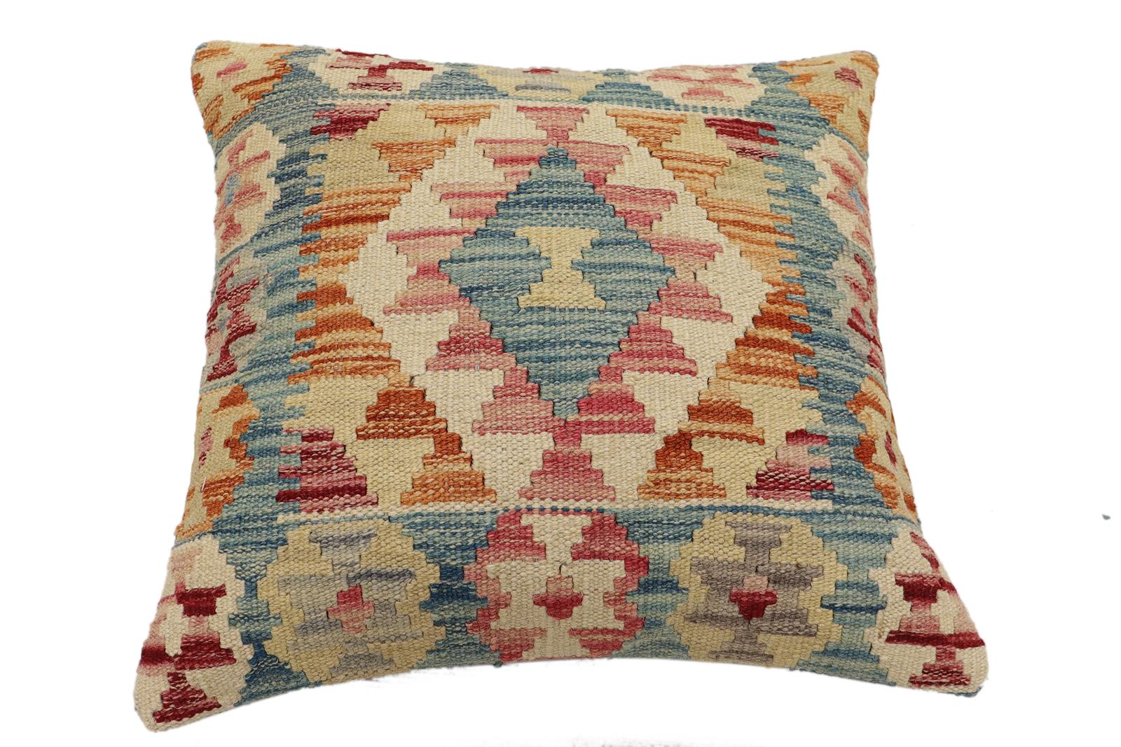 handmade Traditional Pillow Blue Rust Hand-Woven SQUARE 100% WOOL Hand woven turkish pillow2' x 2'