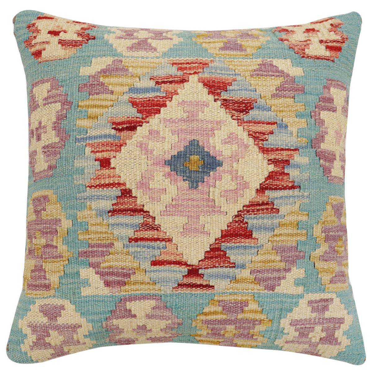 handmade Traditional Pillow Blue Rust Hand-Woven SQUARE 100% WOOL Hand woven turkish pillow2' x 2'