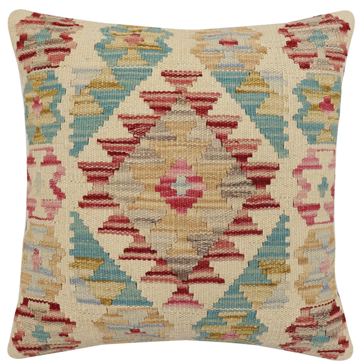 handmade Traditional Pillow Beige Red Hand-Woven SQUARE 100% WOOL Hand woven turkish pillow2' x 2'