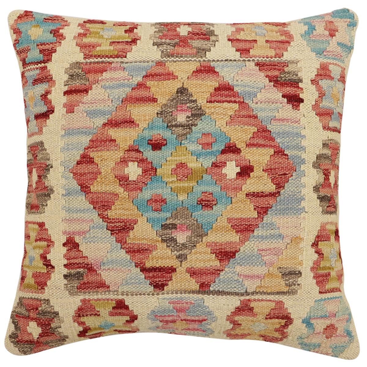 handmade Traditional Pillow Red Blue Hand-Woven SQUARE 100% WOOL  Hand woven turkish pillow  2 x 2