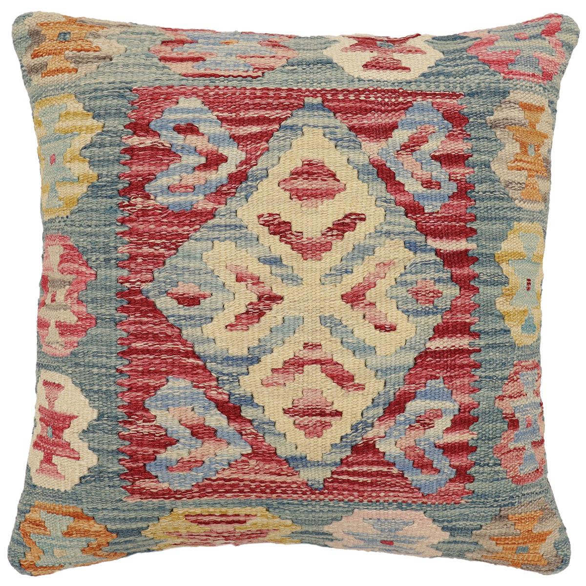 handmade Traditional Pillow Blue Red Hand-Woven SQUARE 100% WOOL  Hand woven turkish pillow  2 x 2