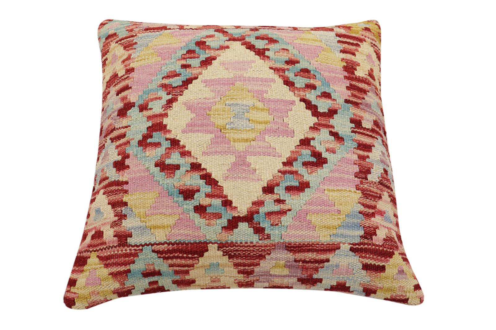 handmade Traditional Pillow Red Blue Hand-Woven SQUARE 100% WOOL Hand woven turkish pillow2' x 2'