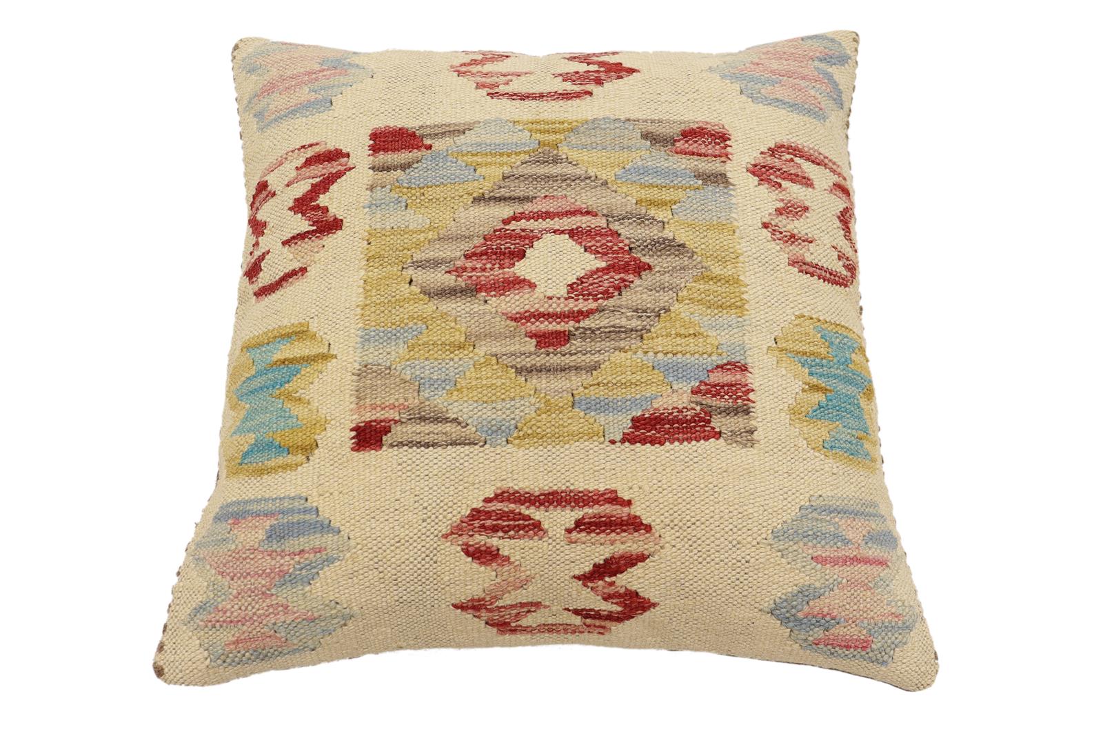 handmade Traditional Pillow Beige Red Hand-Woven SQUARE 100% WOOL Hand woven turkish pillow2' x 2'