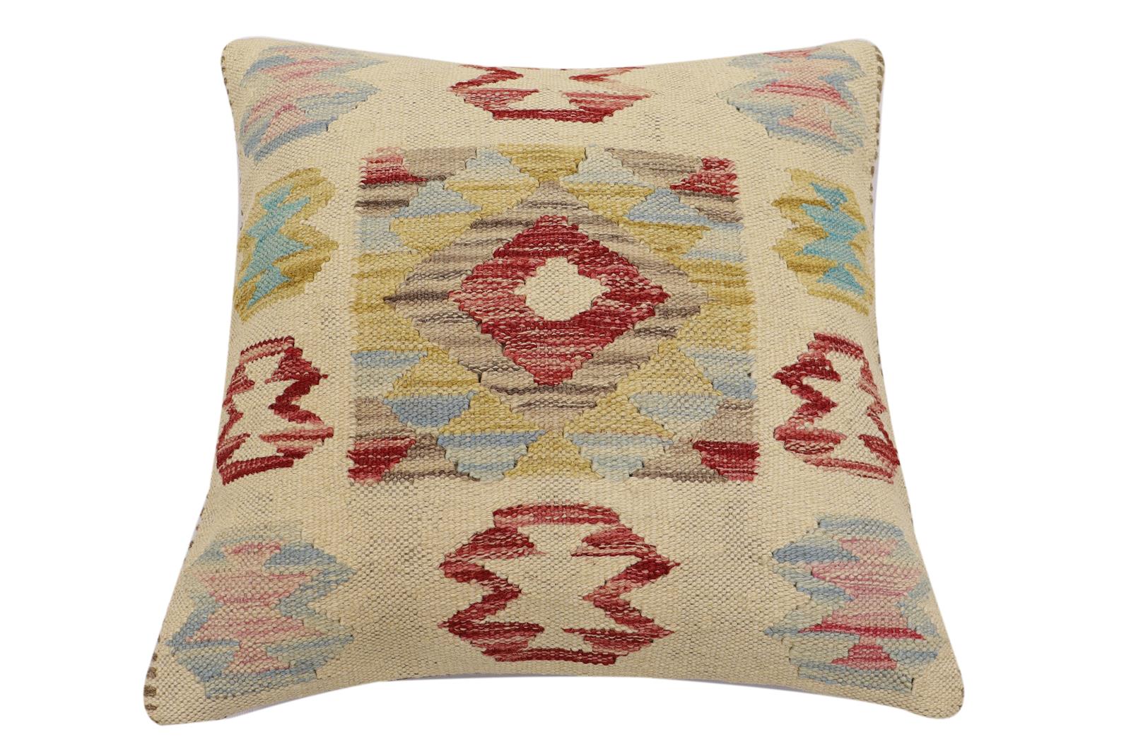 handmade Traditional Pillow Beige Red Hand-Woven SQUARE 100% WOOL Hand woven turkish pillow2' x 2'