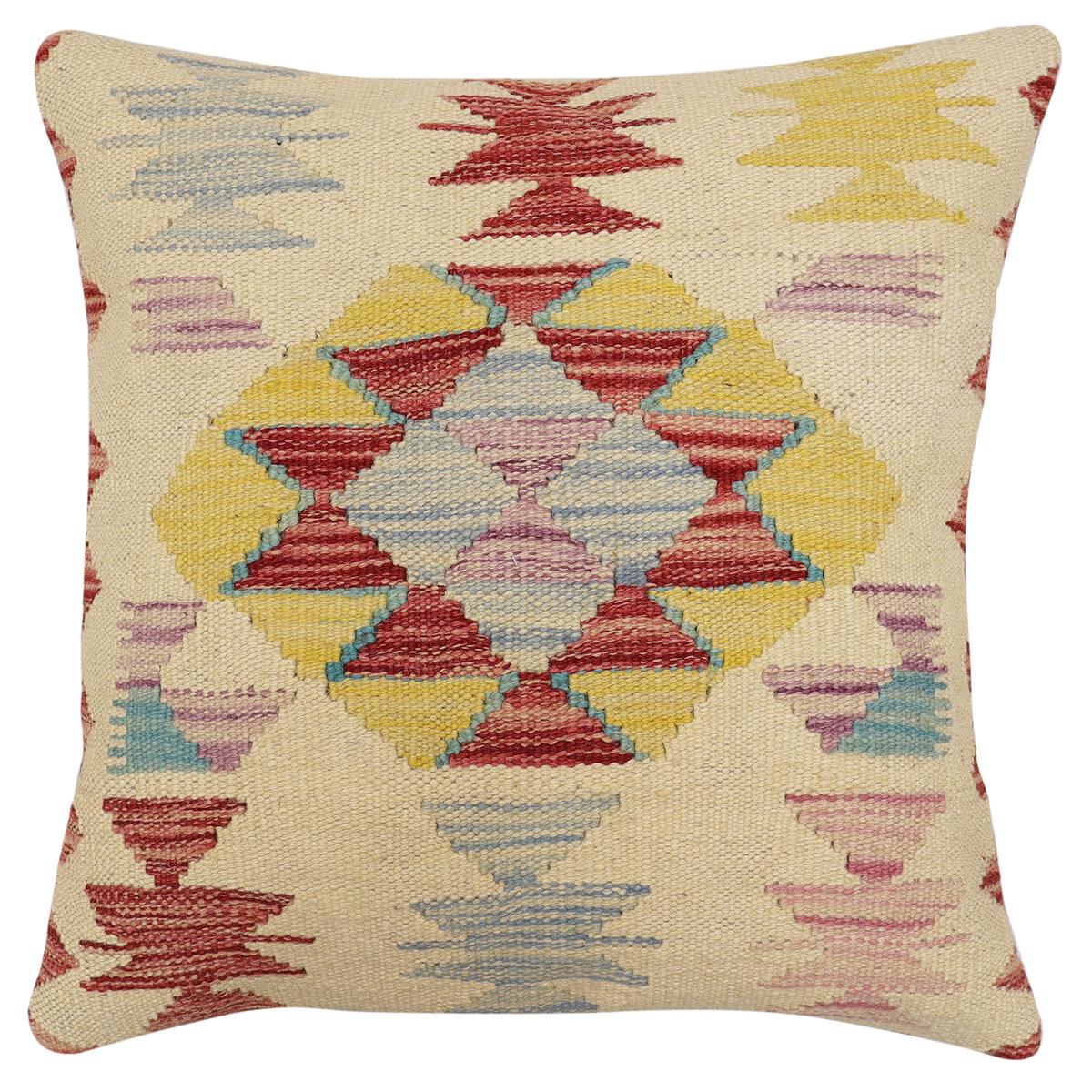 handmade Traditional Pillow Beige Red Hand-Woven SQUARE 100% WOOL Hand woven turkish pillow2' x 2'
