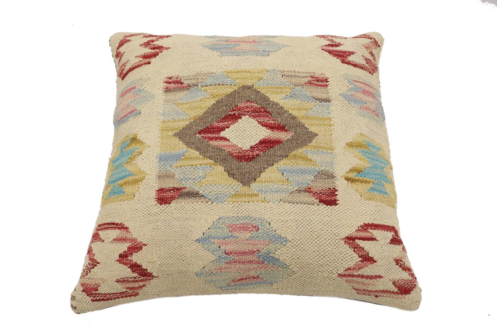 handmade Traditional Pillow Beige Red Hand-Woven SQUARE 100% WOOL Hand woven turkish pillow2' x 2'